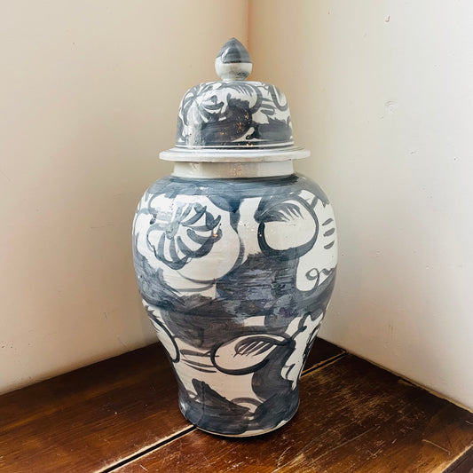 Rustic Floral Blue and White Porcelain Temple Jar