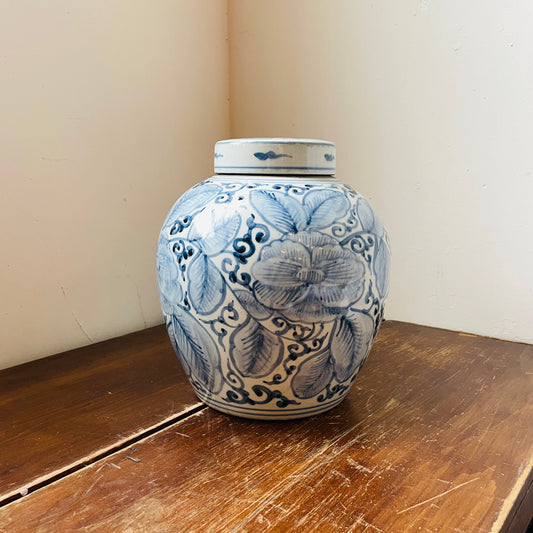 Lidded Blue and White Porcelain Rose Storage Jar