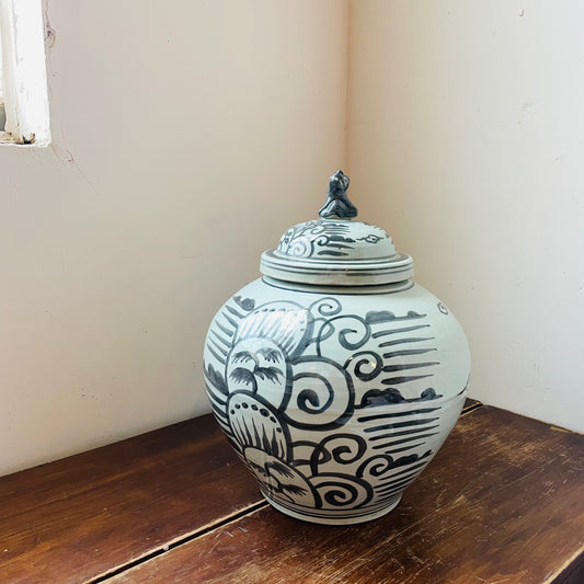 Rustic Blue and White Porcelain Mountain Landscape Jar