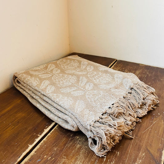 Jacquard Cotton Throw with Floral Pattern & Fringe