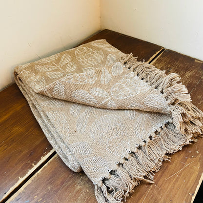 Jacquard Cotton Throw with Floral Pattern & Fringe