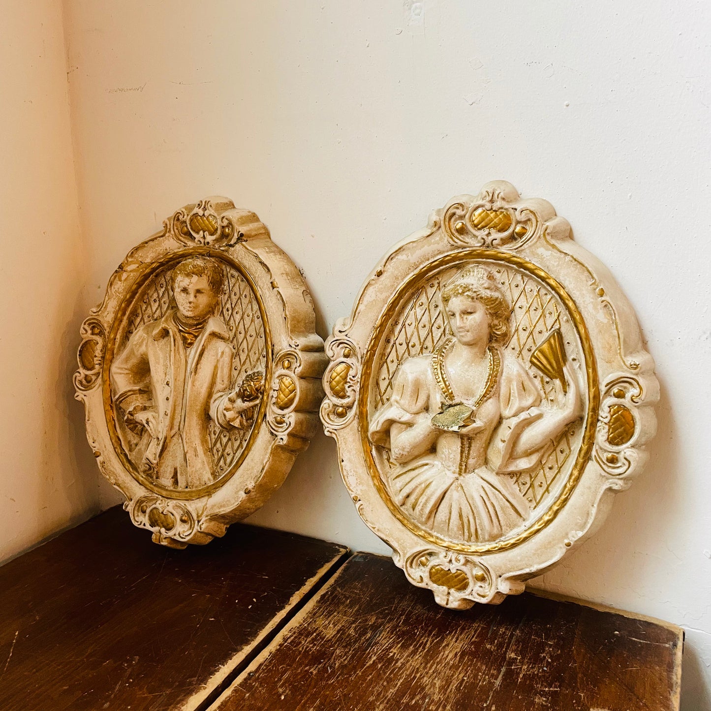 1958 Victorian Couple Chalkware Plaque Set- Vintage