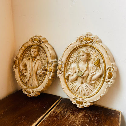 1958 Victorian Couple Chalkware Plaque Set- Vintage