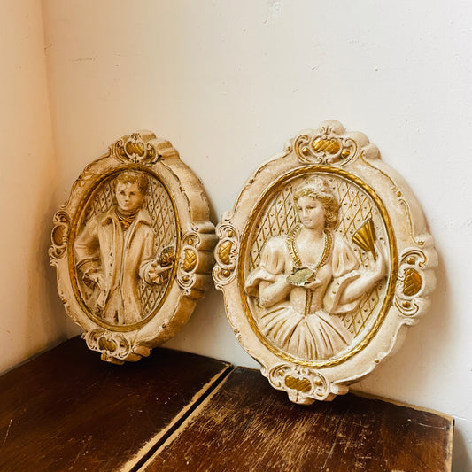1958 Victorian Couple Chalkware Plaque Set- Vintage