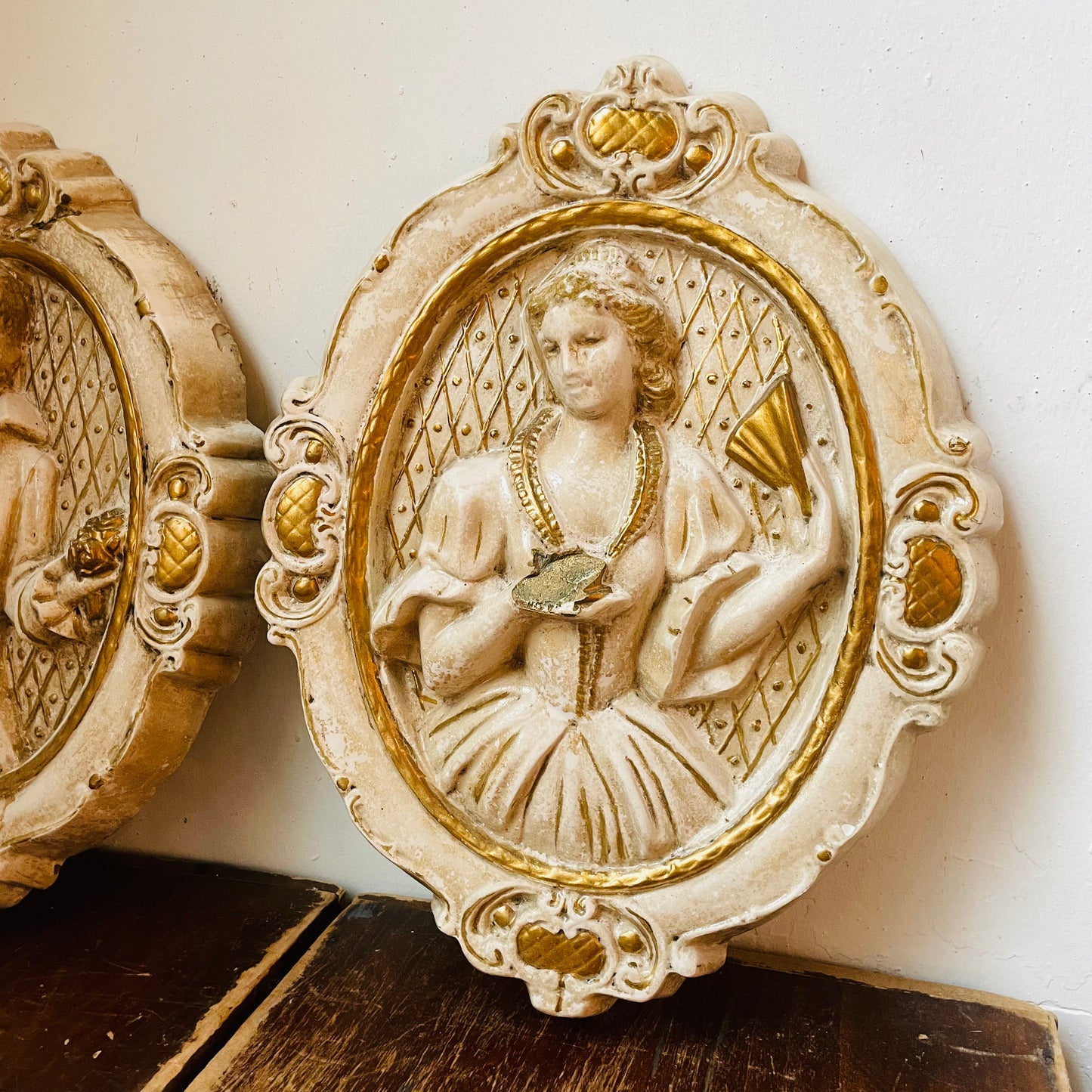 1958 Victorian Couple Chalkware Plaque Set- Vintage
