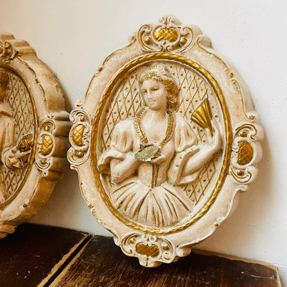 1958 Victorian Couple Chalkware Plaque Set- Vintage