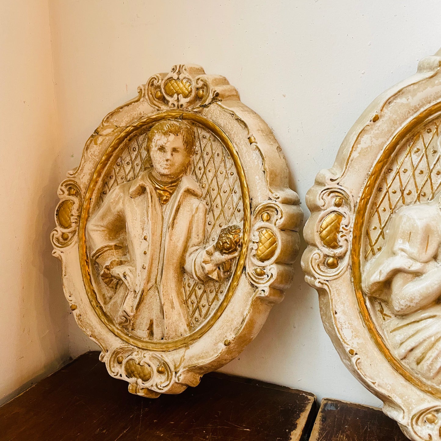 1958 Victorian Couple Chalkware Plaque Set- Vintage