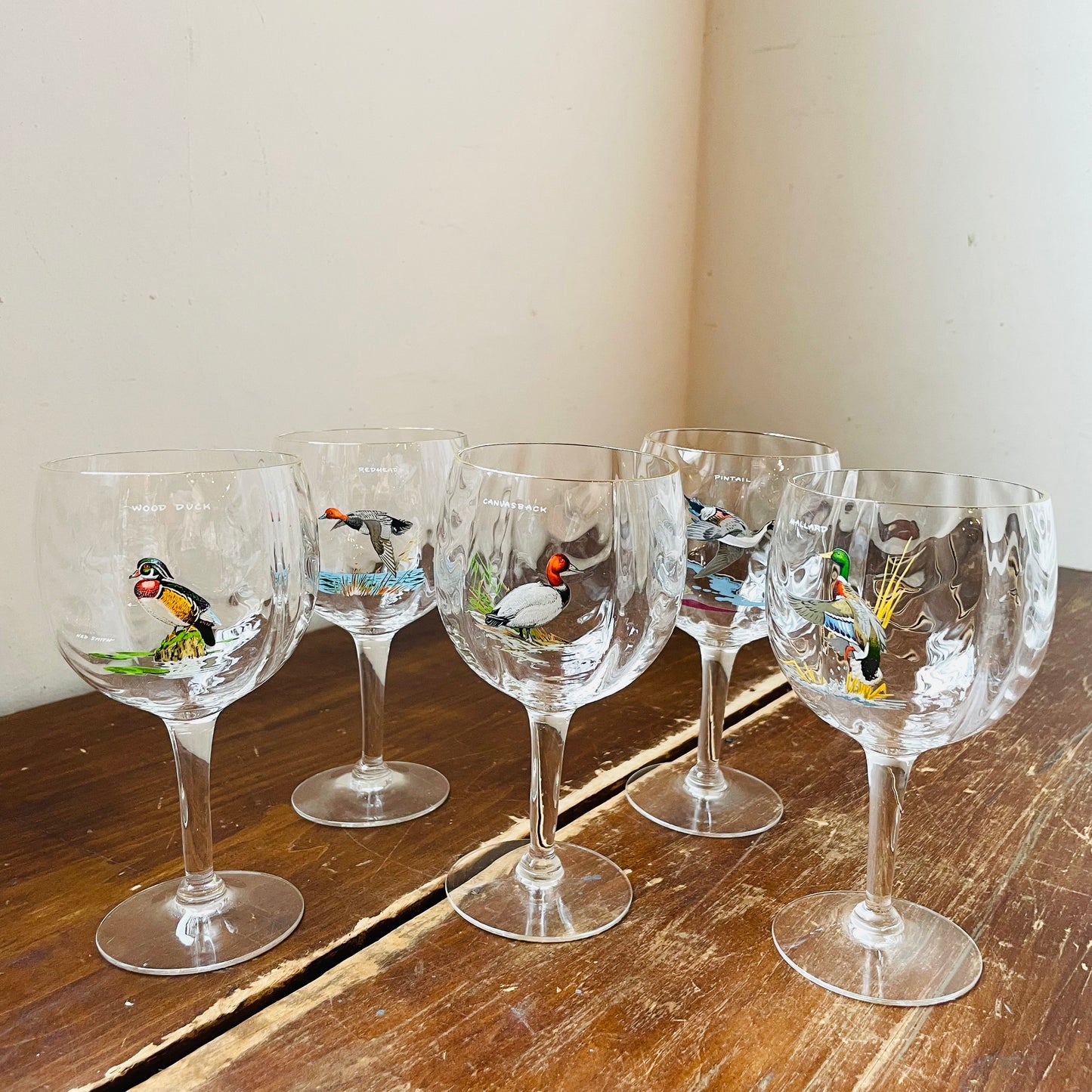 Ned Smith Waterfowl Loop Optic Wine Goblet Set of 5- Vintage