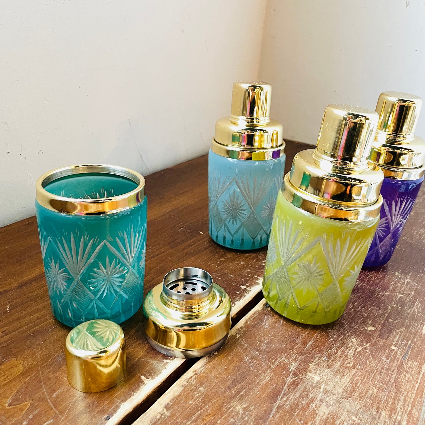 Fetched Etched Cut Glass Cocktail Shaker