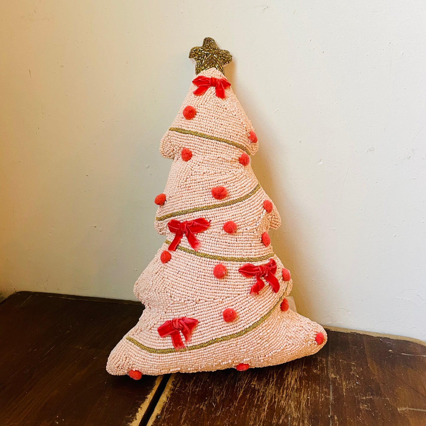 Beaded Pink & Velvet Bow Tree Shaped Pillow