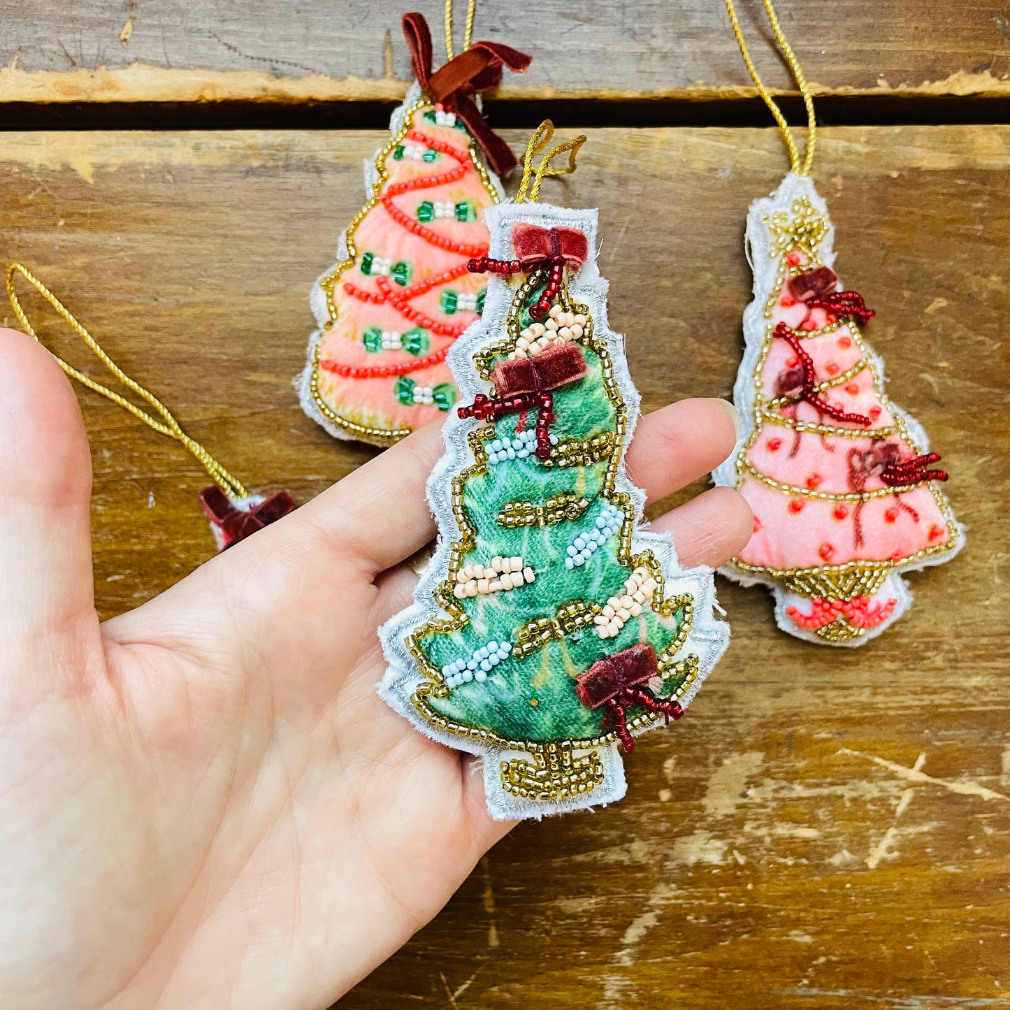 Handmade Beaded Fabric Christmas Tree Ornament