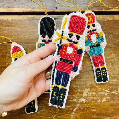 Handmade Beaded Fabric Nutcracker Ornament