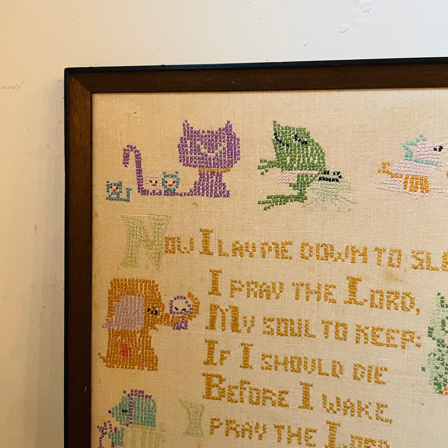 "Now Lay Me Down To Sleep" 70's Framed Cross Stitch- Vintage