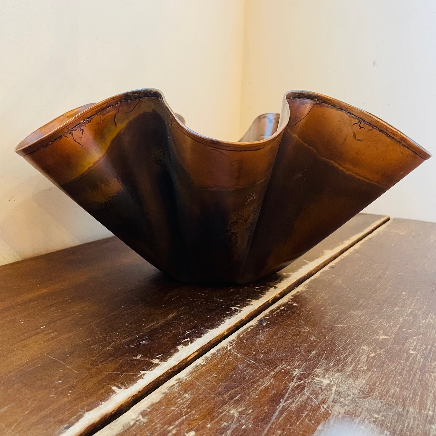 Oxidized Copper Ruffled Bowl