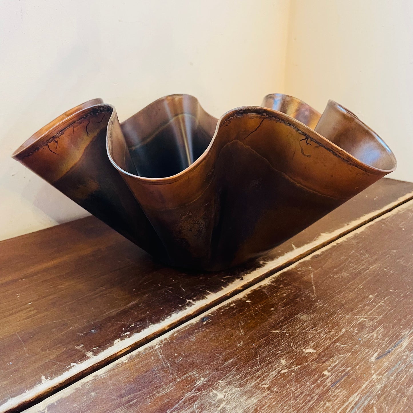 Oxidized Copper Ruffled Bowl