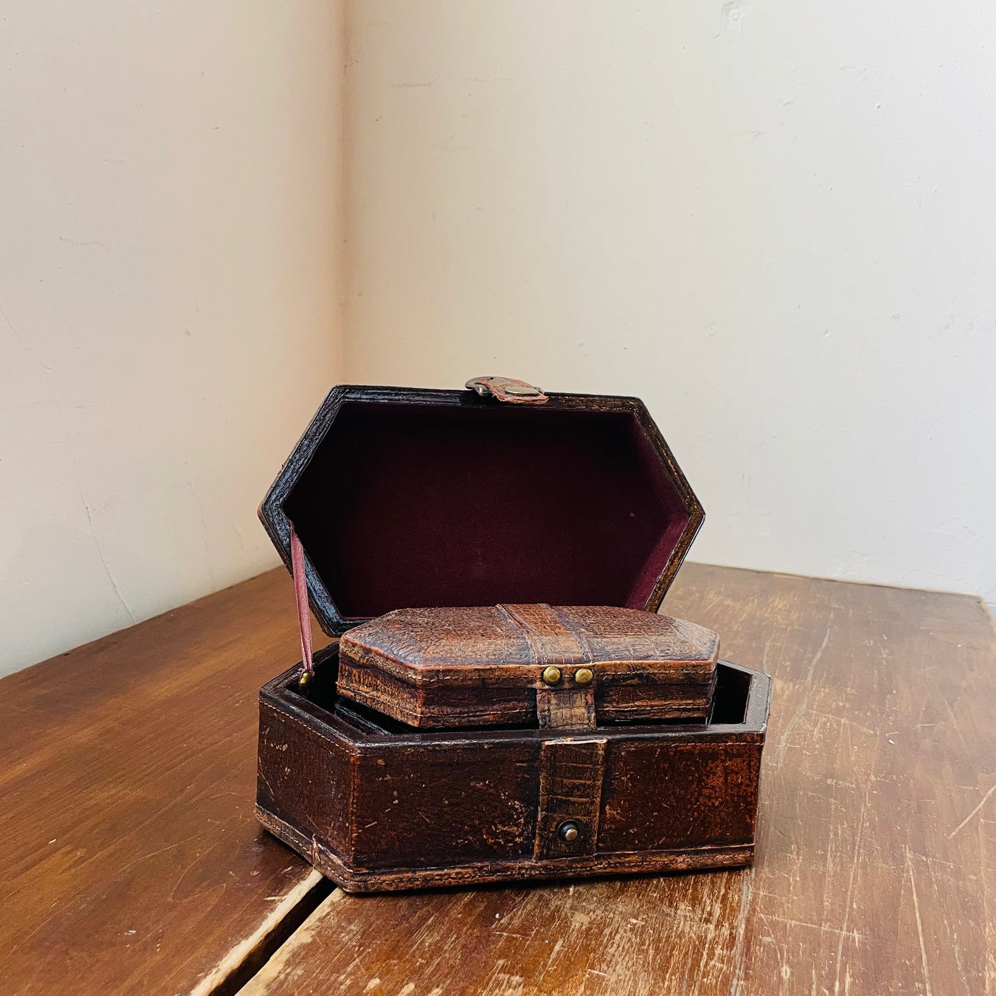 Alligator Leather Bound Storage Box Set- Vintage