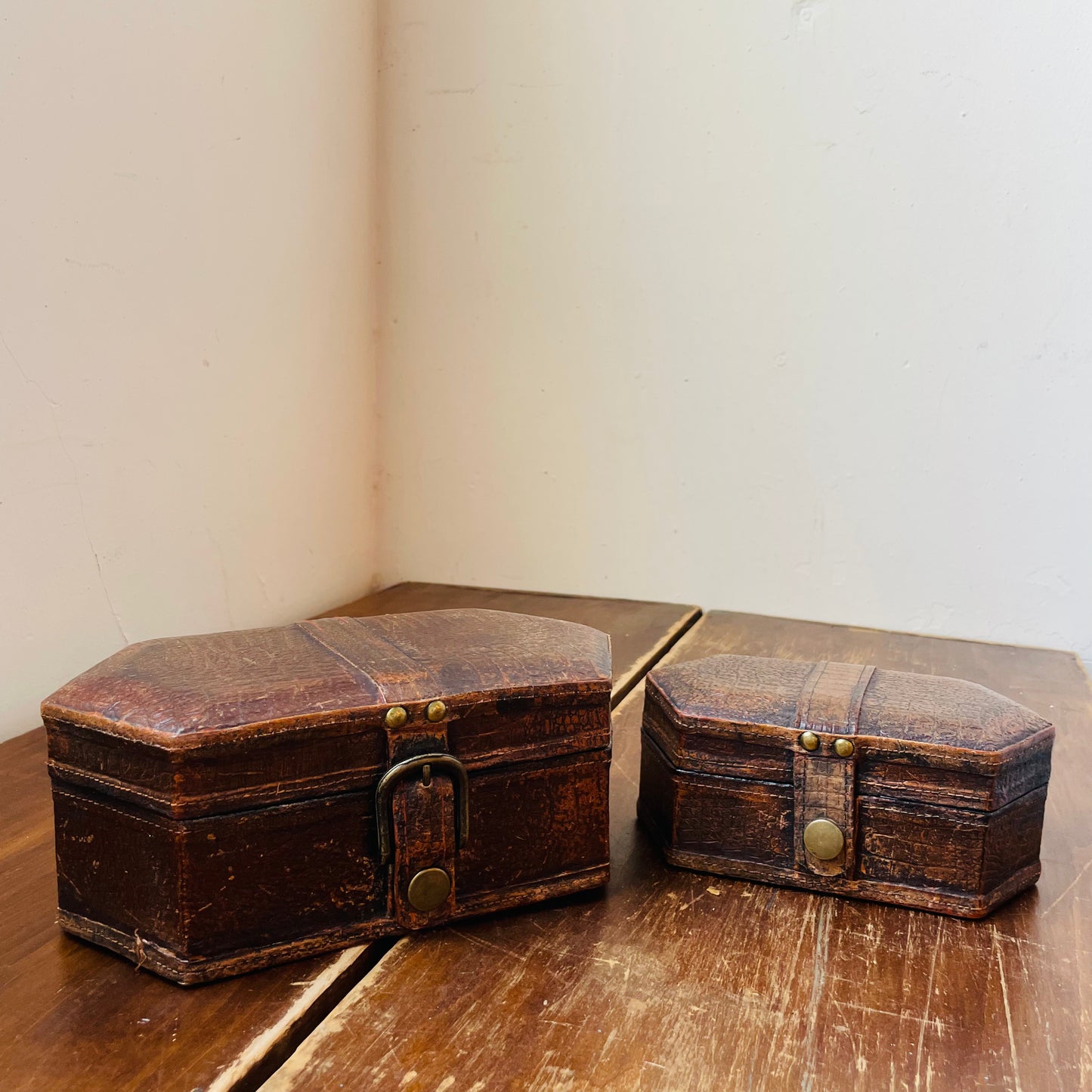 Alligator Leather Bound Storage Box Set- Vintage