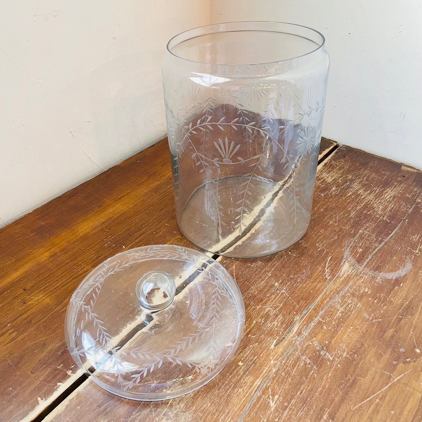 Hand-Blown Glass Jar with Etched Botanicals & Lid