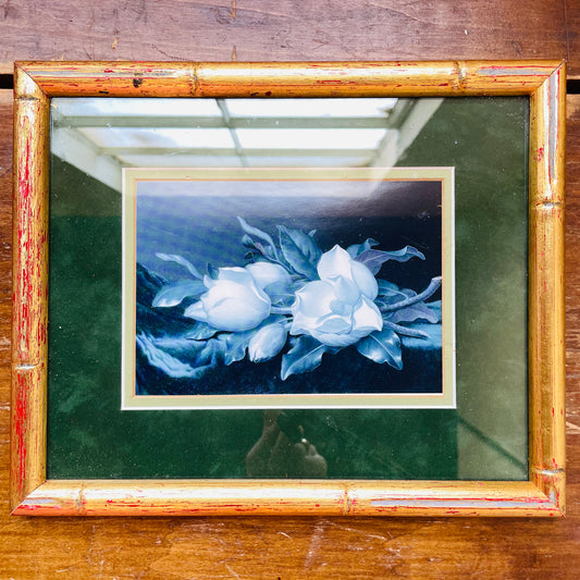 Bamboo Frame with Green Matted Magnolias- Vintage