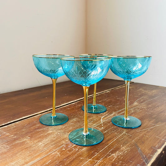 Blue Art Deco Coupe Glasses- Set of 4