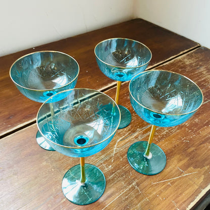 Blue Art Deco Coupe Glasses- Set of 4