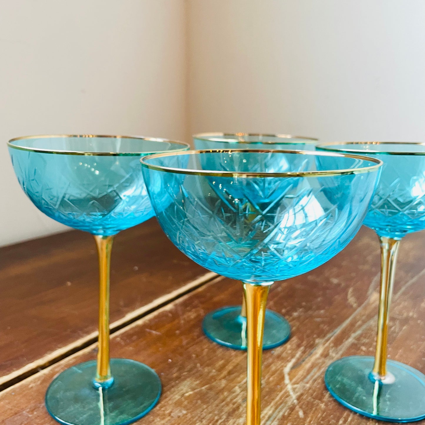 Blue Art Deco Coupe Glasses- Set of 4