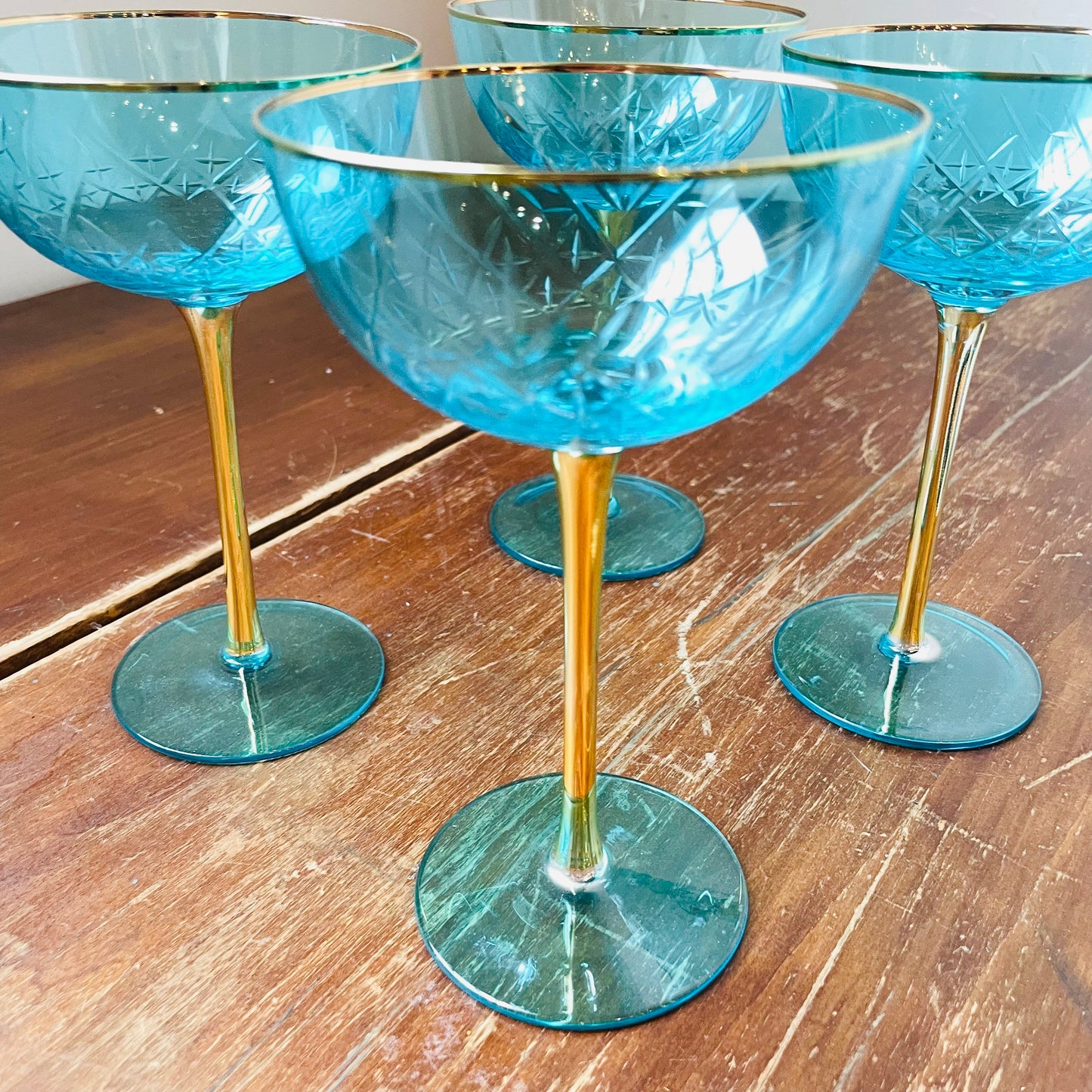 Blue Art Deco Coupe Glasses- Set of 4