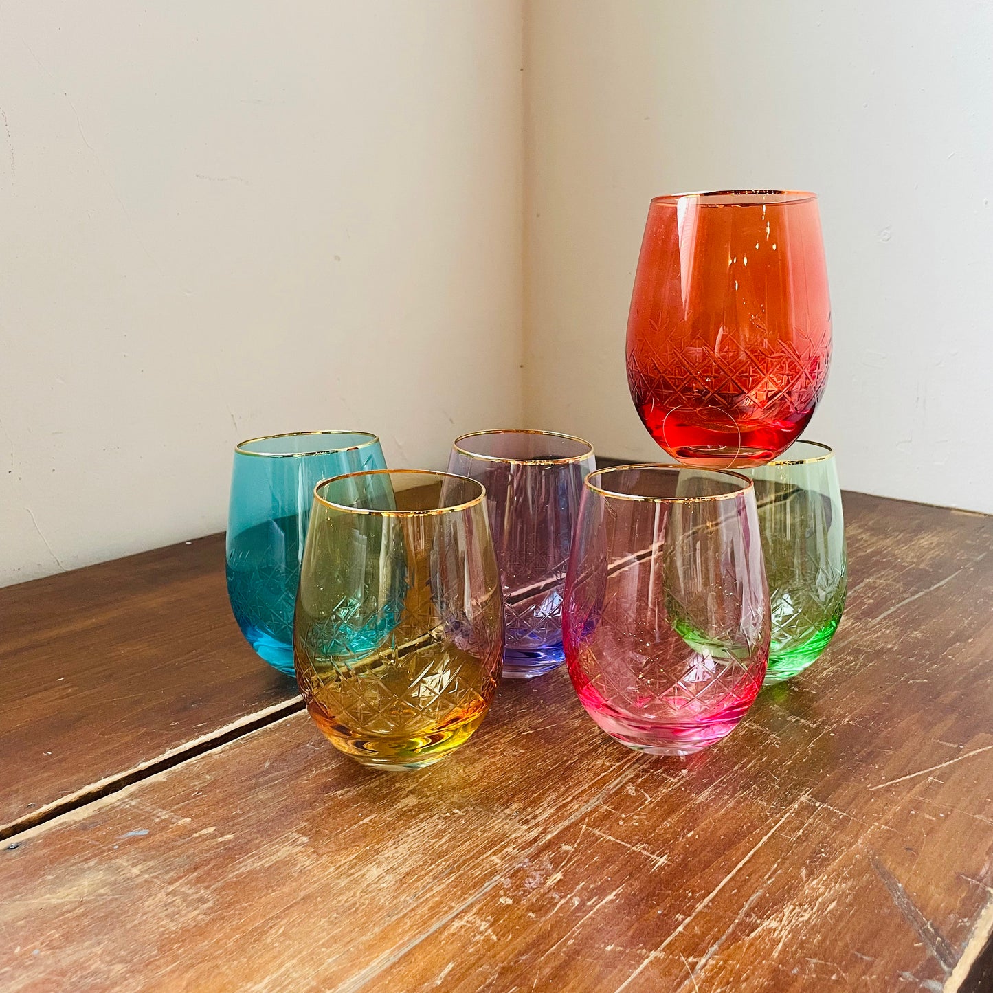 Art Deco Colored Stemless Wine Glasses- Set of 6