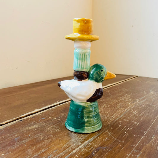Hand-Painted Stoneware Taper Holder with Duck