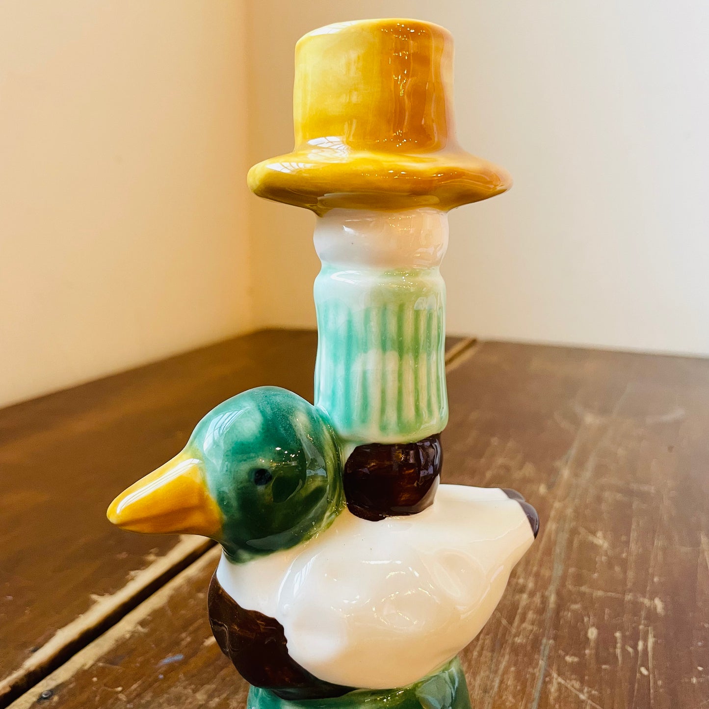 Hand-Painted Stoneware Taper Holder with Duck