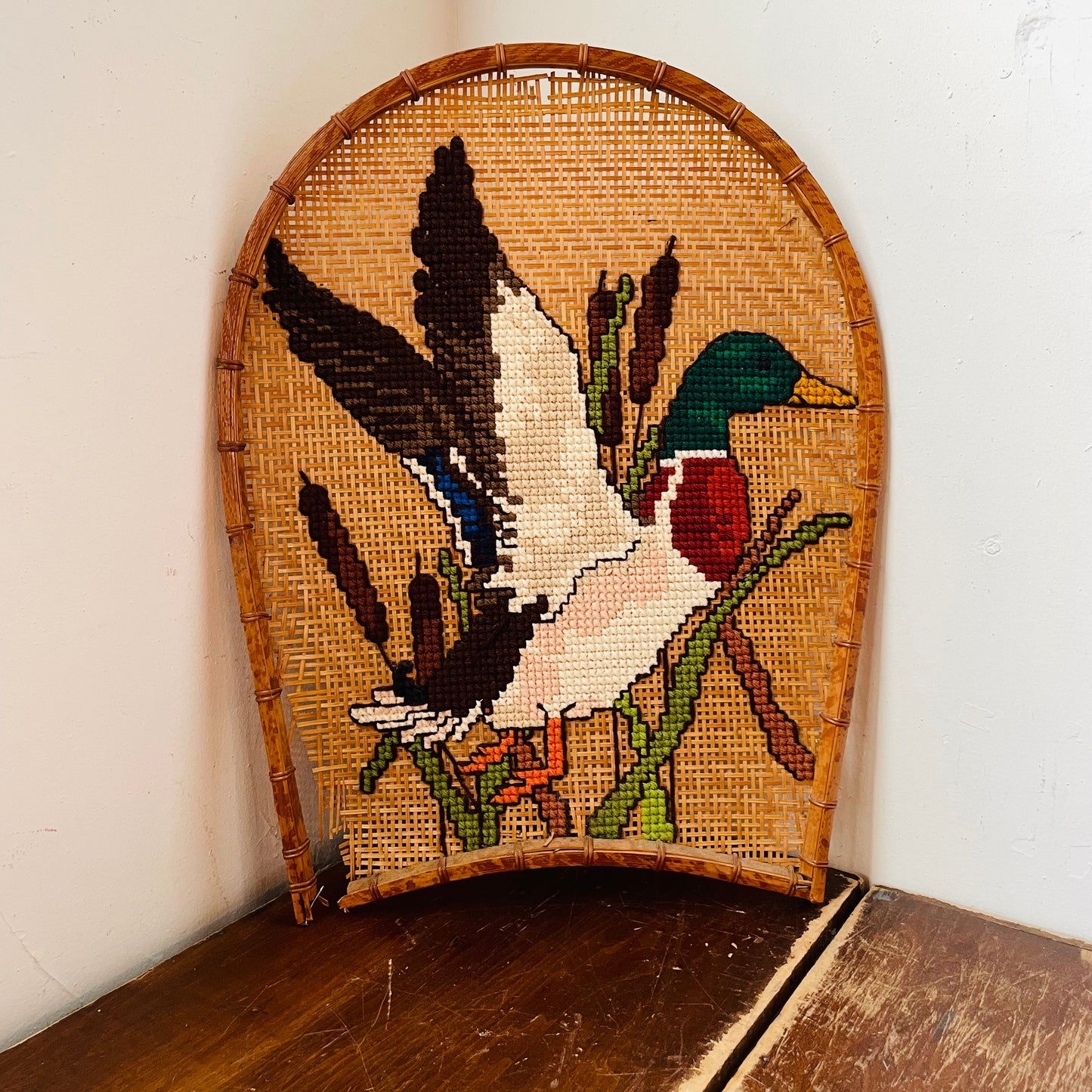 Cross Stitch Mallard on Wicker Frame-Vintage