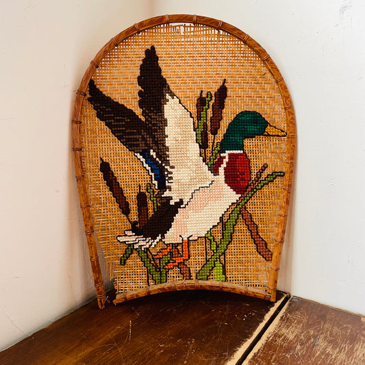 Cross Stitch Mallard on Wicker Frame-Vintage