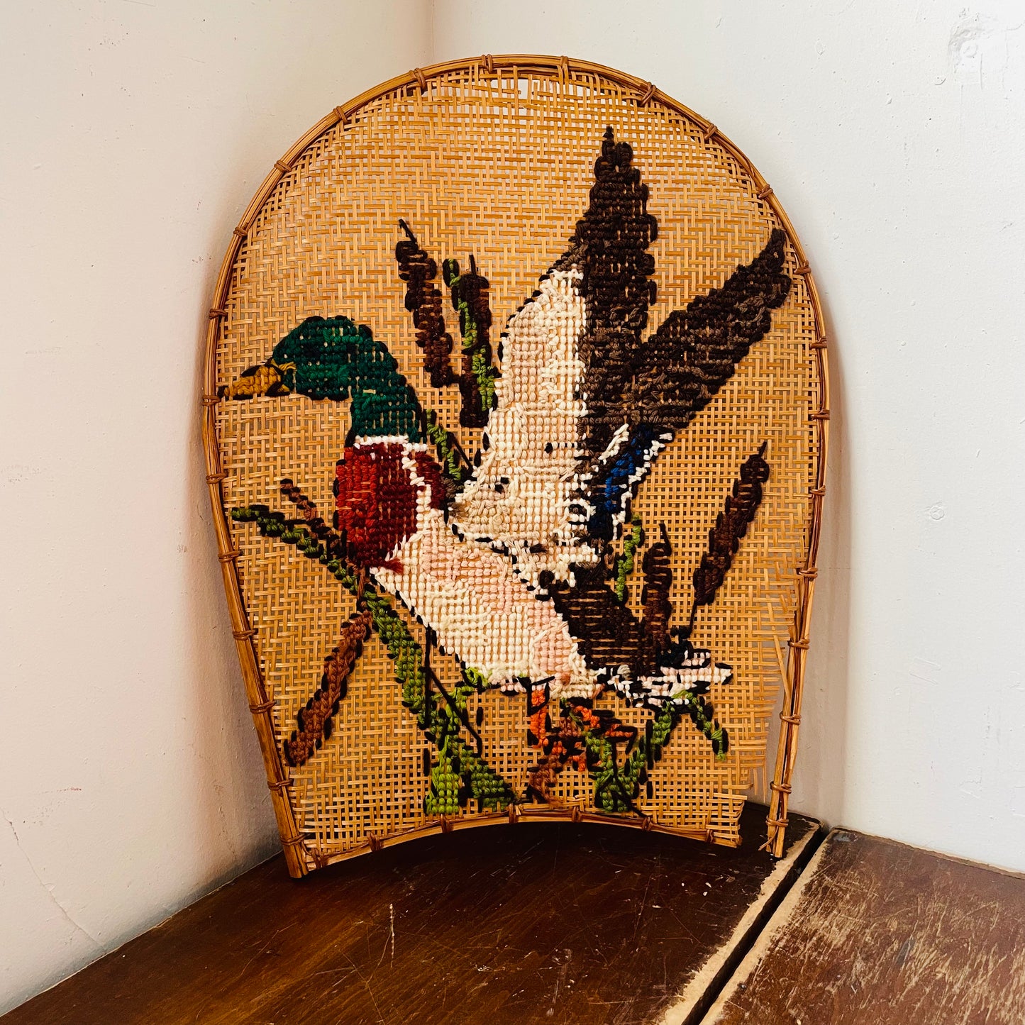 Cross Stitch Mallard on Wicker Frame-Vintage