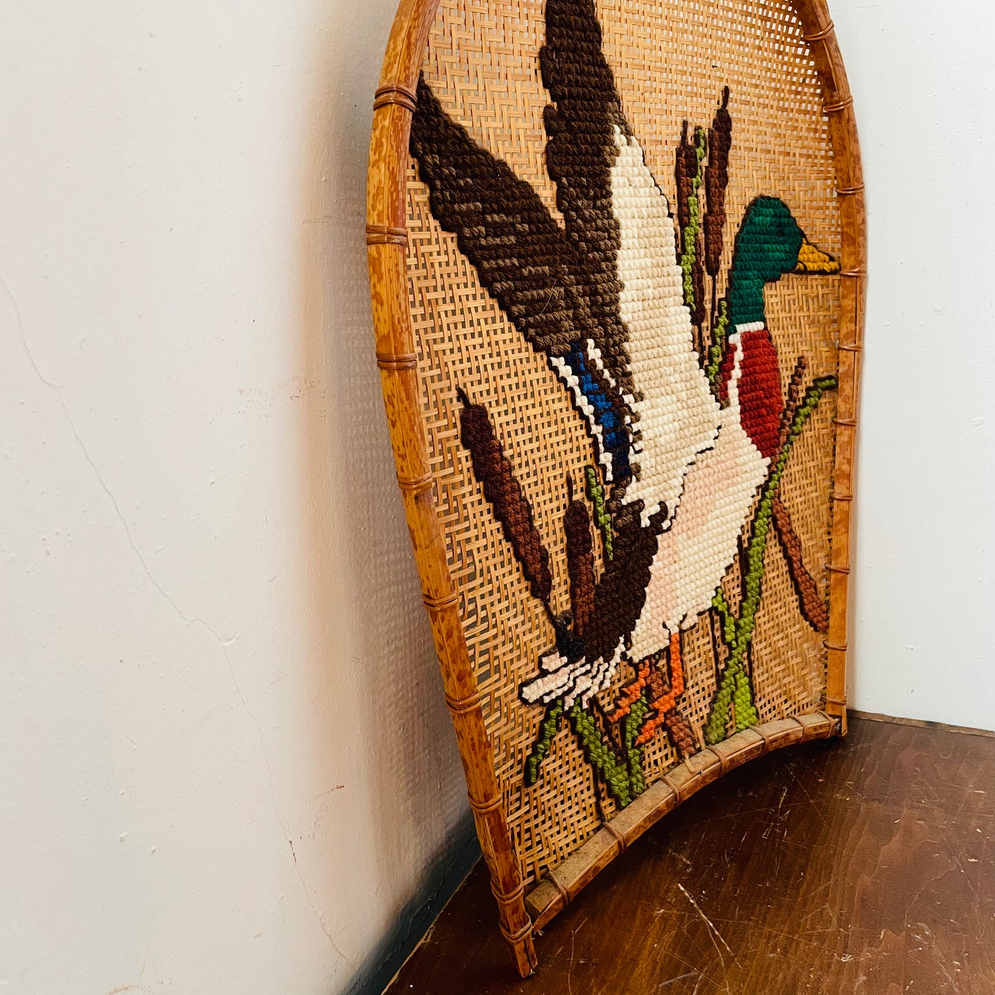 Cross Stitch Mallard on Wicker Frame-Vintage