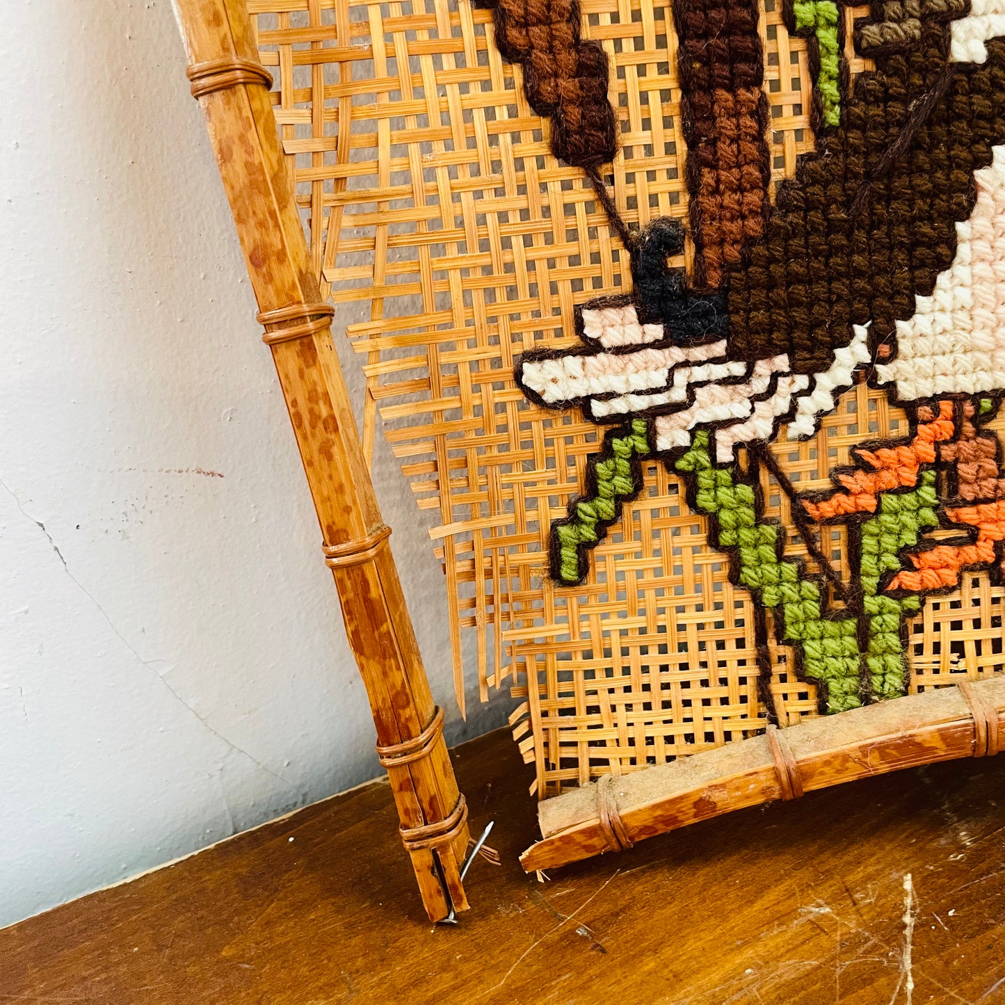 Cross Stitch Mallard on Wicker Frame-Vintage