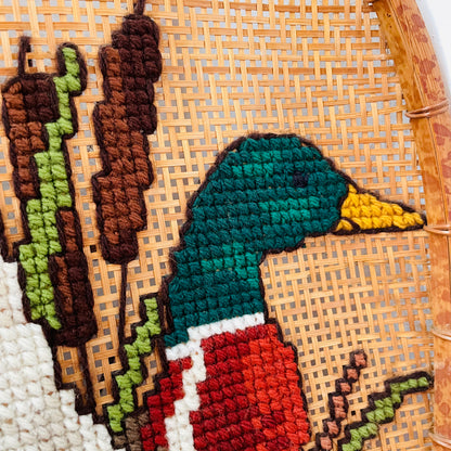 Cross Stitch Mallard on Wicker Frame-Vintage
