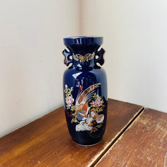 Japanese Pheasant Blue Vase- Vintage