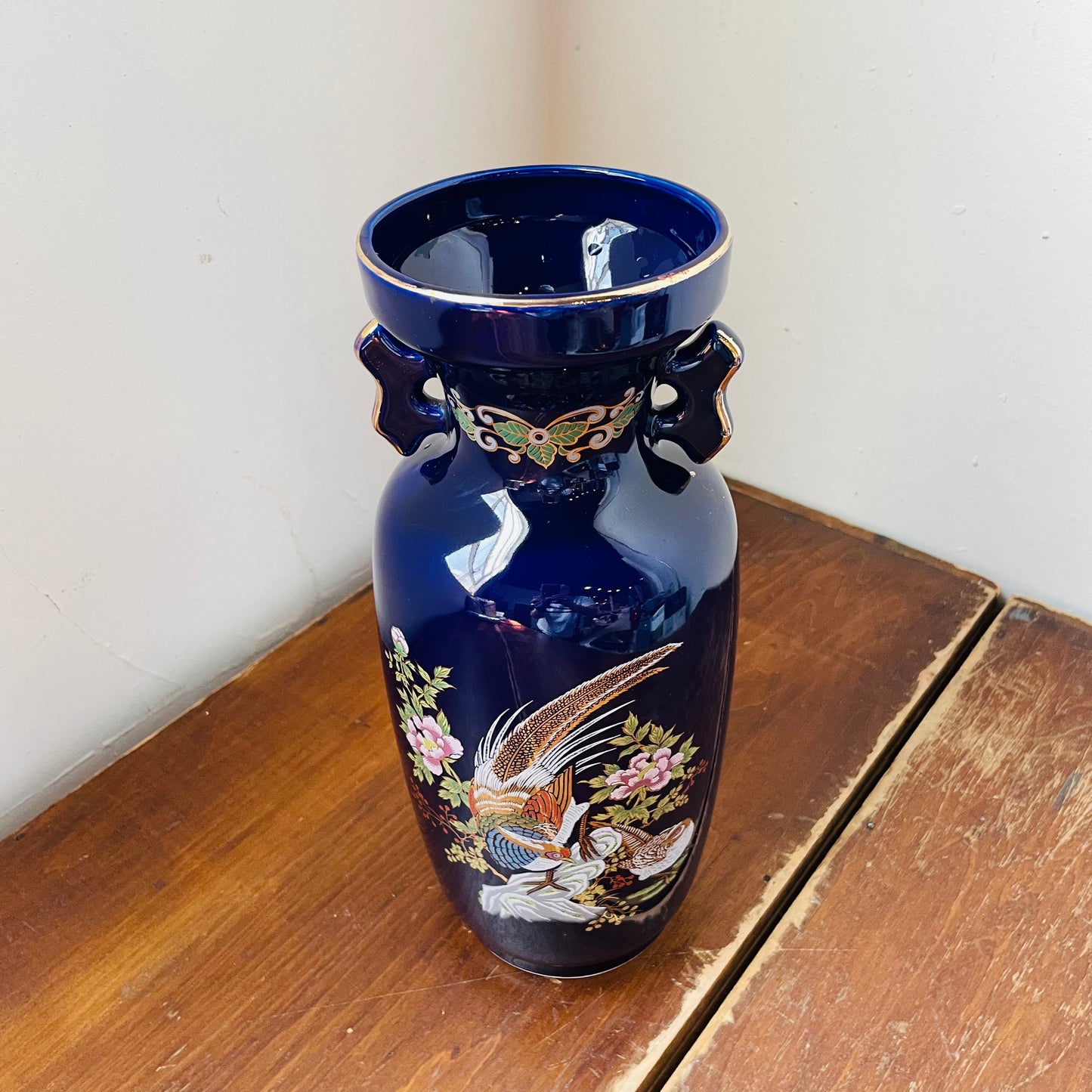 Japanese Pheasant Blue Vase- Vintage