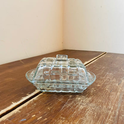 Grid Patterned Pressed Glass Butter Dish