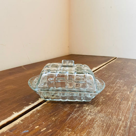 Grid Patterned Pressed Glass Butter Dish