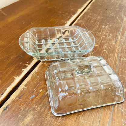 Grid Patterned Pressed Glass Butter Dish