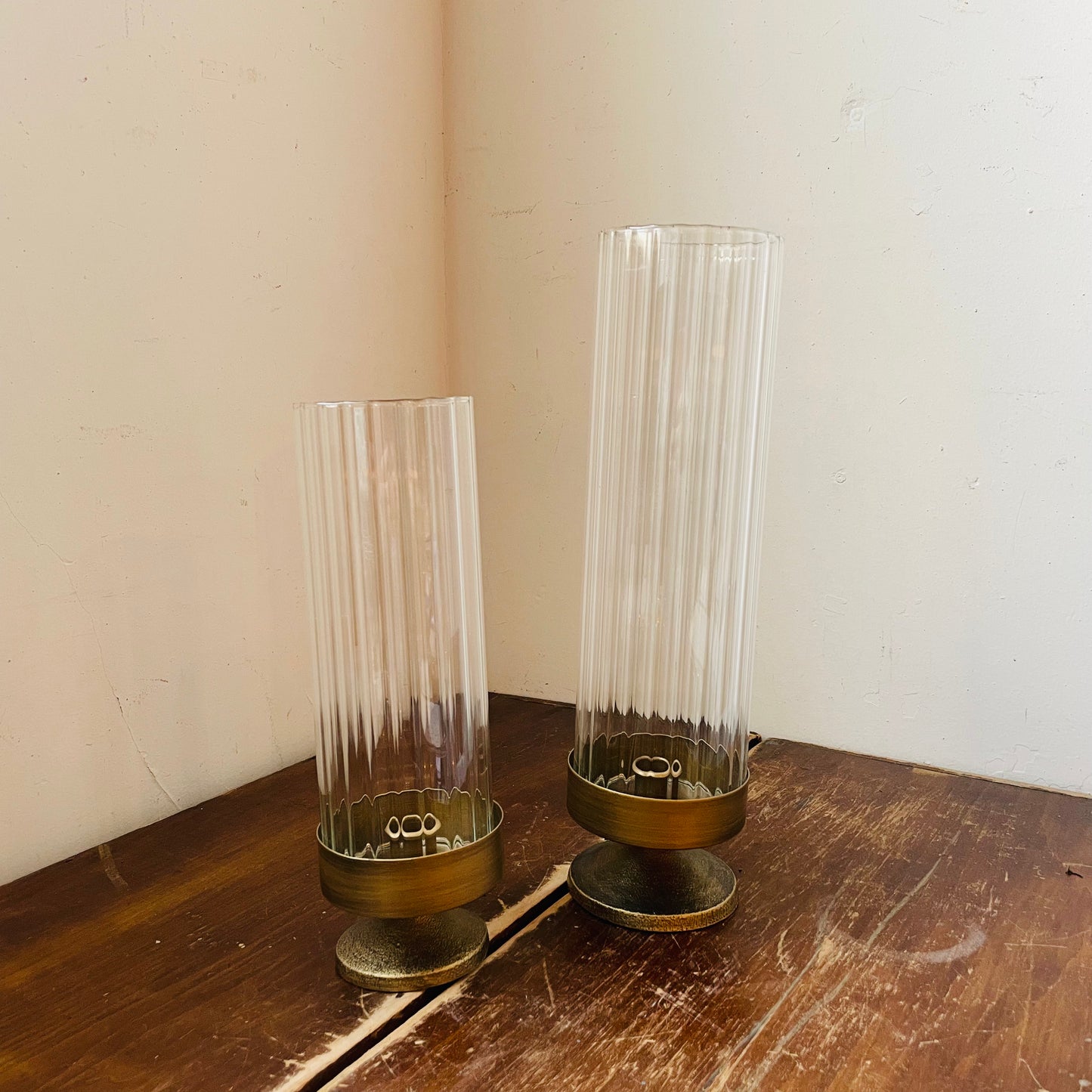 Set of Two Antique Metal and Glass Taper Candle Hurricanes
