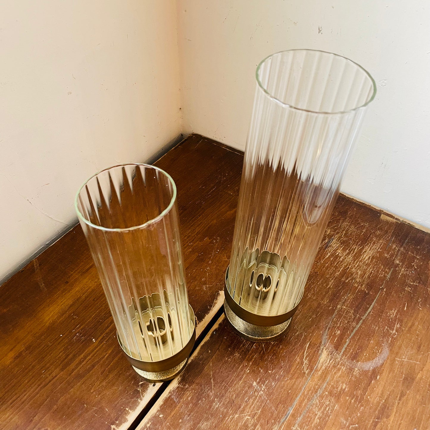 Set of Two Antique Metal and Glass Taper Candle Hurricanes