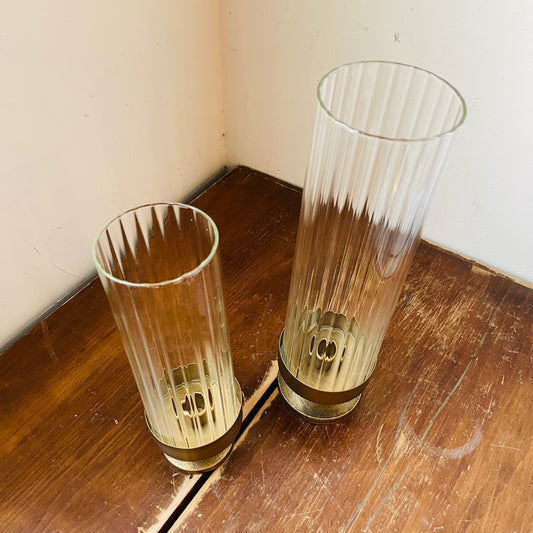 Set of Two Antique Metal and Glass Taper Candle Hurricanes