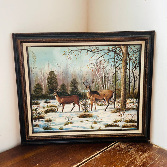 DM Carrol "Two Deer in the Snow" Oil Painting- Vintage