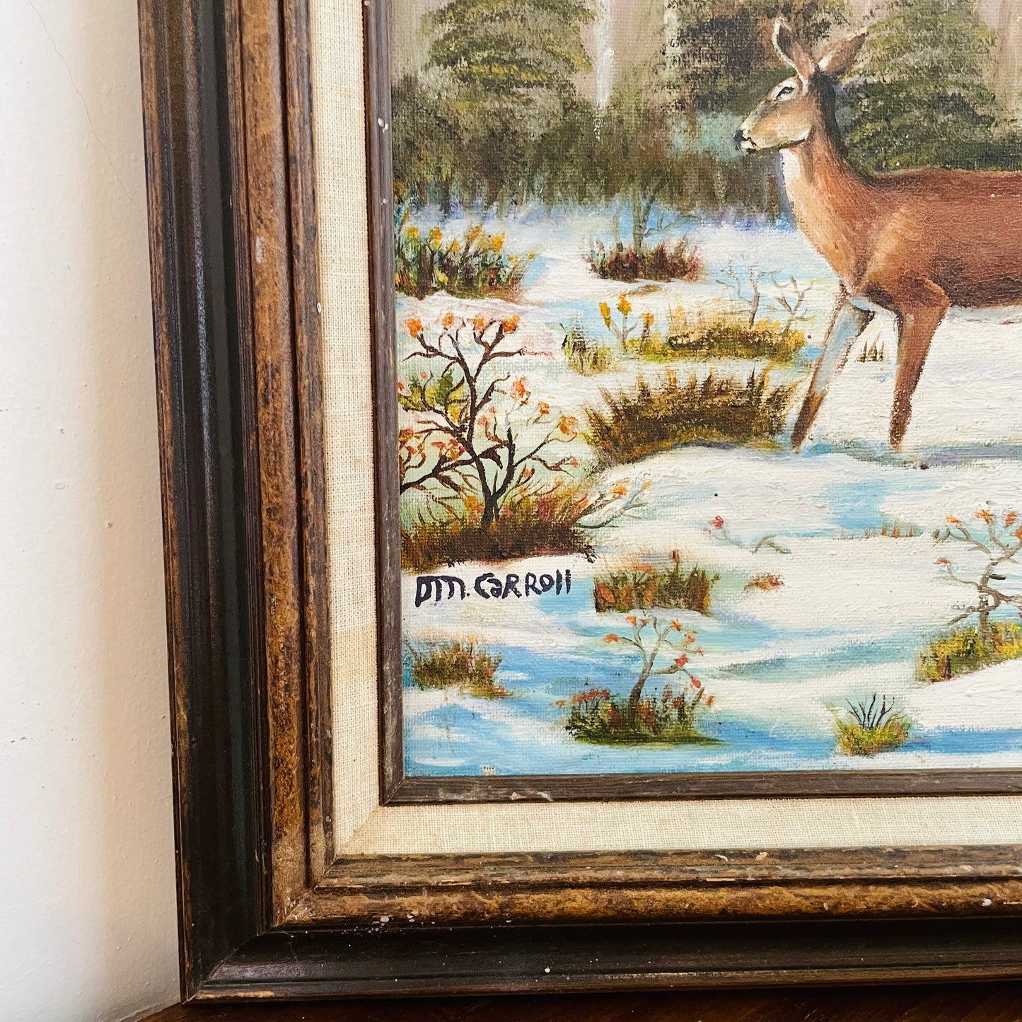 DM Carrol "Two Deer in the Snow" Oil Painting- Vintage