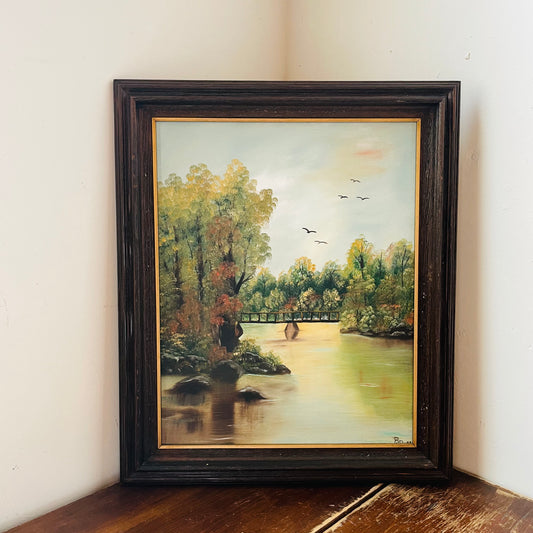 Fredrix "Autumn Painting of Water, Trees & Bridge" Oil Painting- Vintage