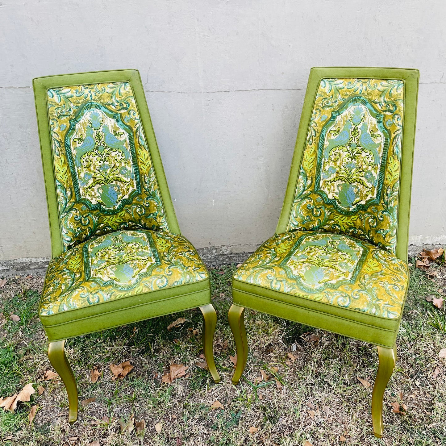 1970's Full Backed Upholstery Green Parrot Chair Set- Vintage