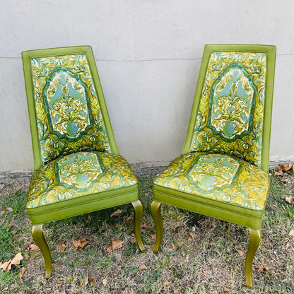 1970's Full Backed Upholstery Green Parrot Chair Set- Vintage