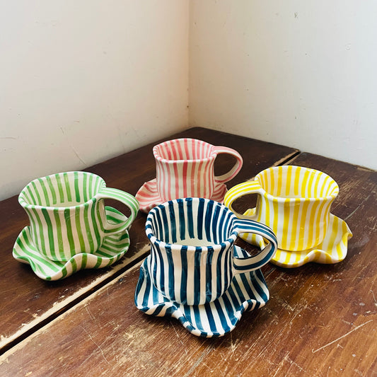 Hand-Painted Striped Mug & Ruffled Saucer